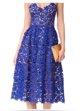 Self-Portrait Cobalt Blue Floral Lace Midi Dress